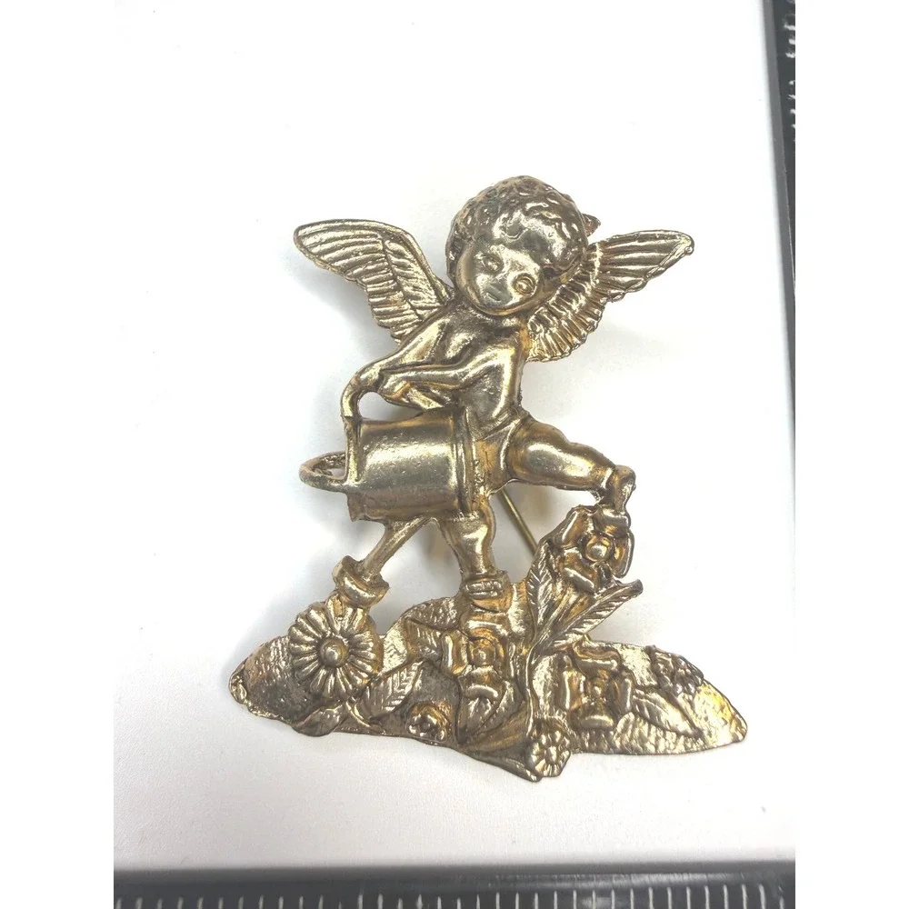 Gold Tone Cherub Angel Watering Flowers Brooch Pin Celestial Garden Jewelry